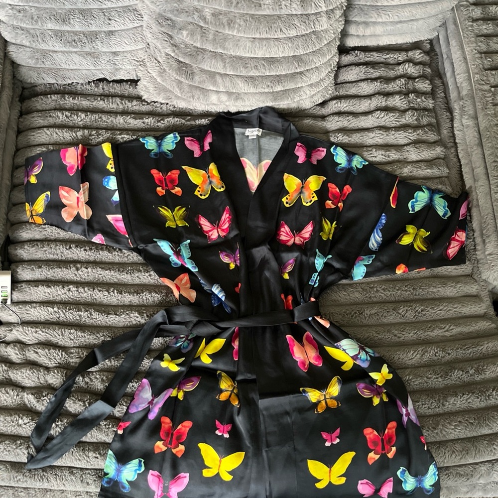 NEW Exclusively for Signals S/M XXL Black Butterfly Satin robe HBW517 Viscose 2X